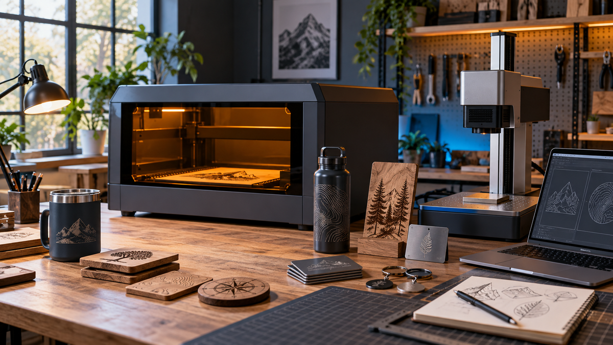 Modern laser engraving workshop with enclosed CO2 and galvo-style machines