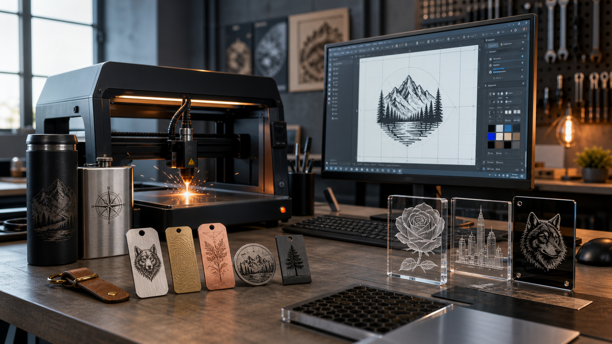Editorial hero image showing a desktop laser engraver, design monitor, engraved samples, and workshop setup.