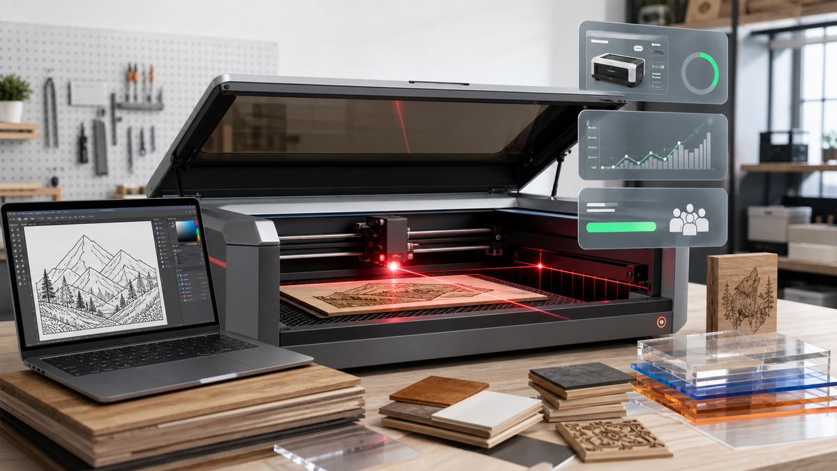 AI-generated featured image for a July 24 2026 laser engraving industry news roundup, showing a desktop laser engraver, design laptop, and sample materials.