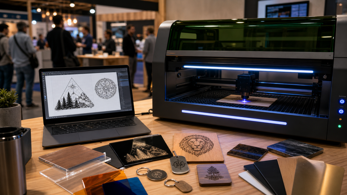 Laser engraving industry news roundup hero image showing a desktop laser engraver, design laptop, and material samples