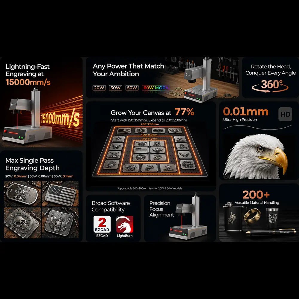 Carverall Z12 fiber laser engraver features and accessory assortment