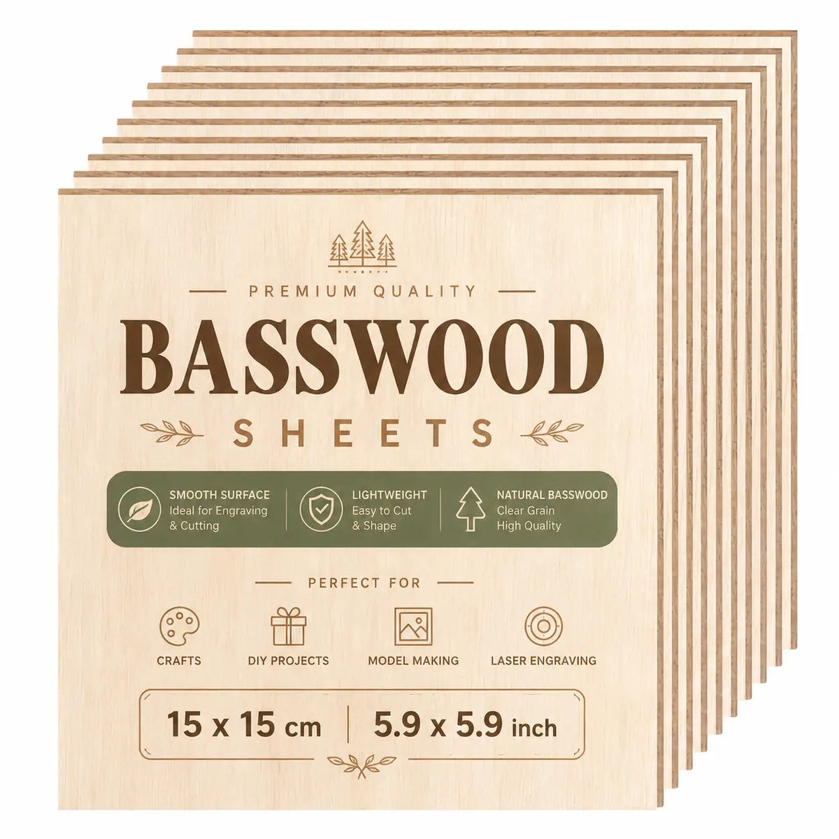 15 x 15 cm basswood sheet for laser engraving